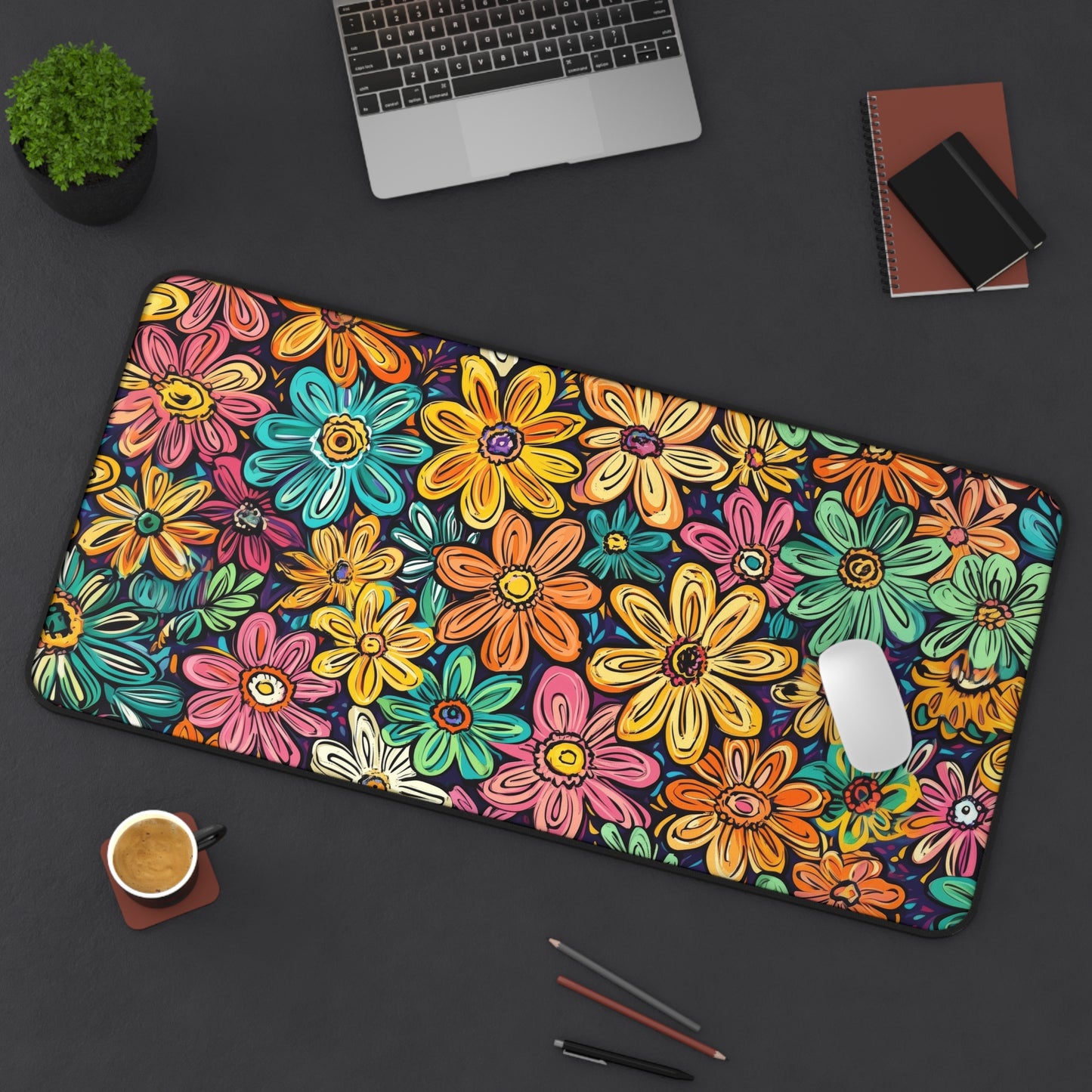 Funky Flowers Desk Mat – XL Retro Floral Mouse Pad for Gaming & Work