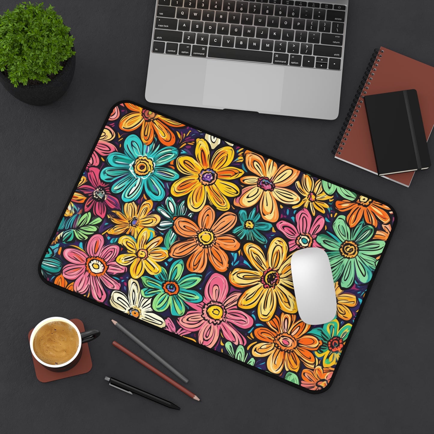 Funky Flowers Desk Mat – XL Retro Floral Mouse Pad for Gaming & Work