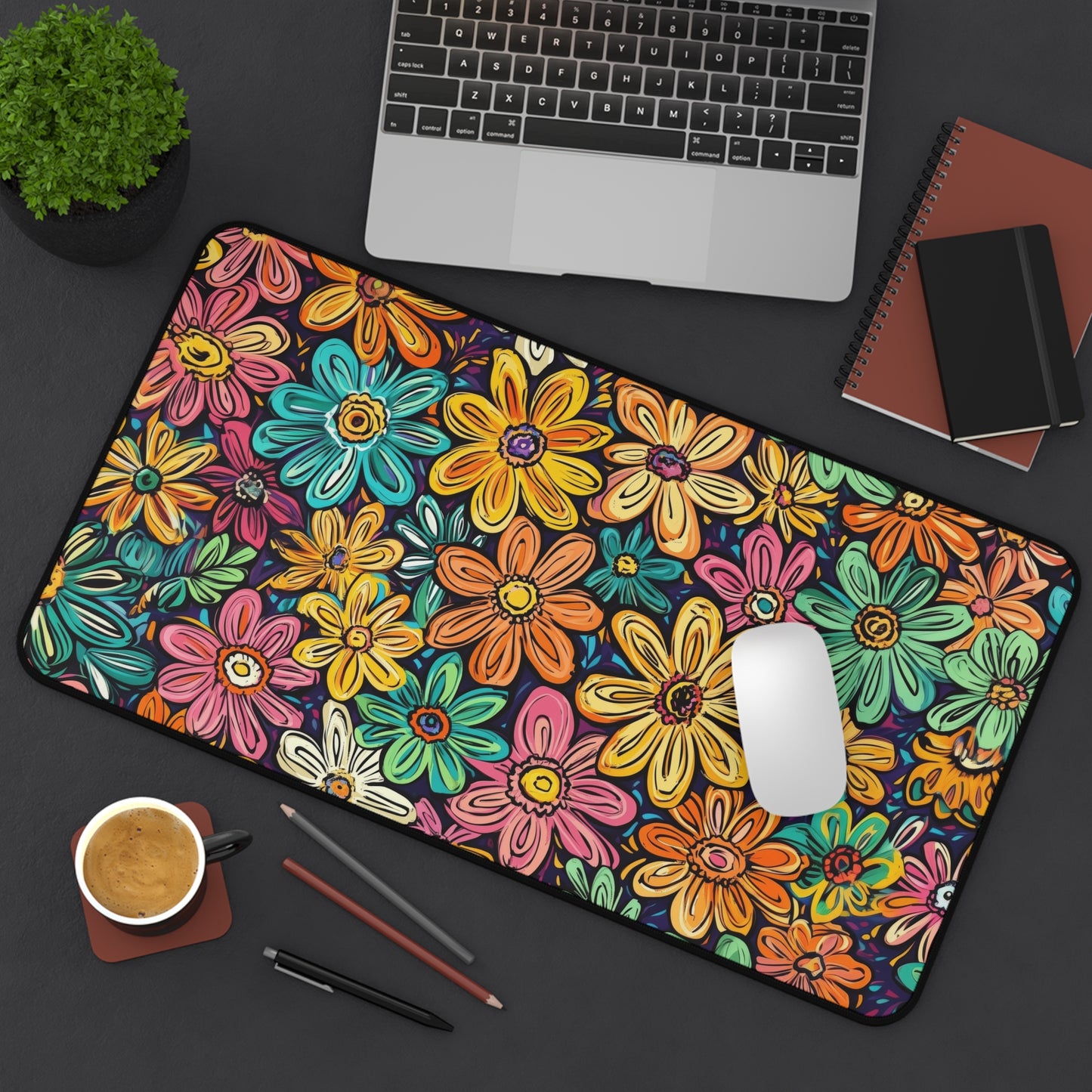 Funky Flowers Desk Mat – XL Retro Floral Mouse Pad for Gaming & Work