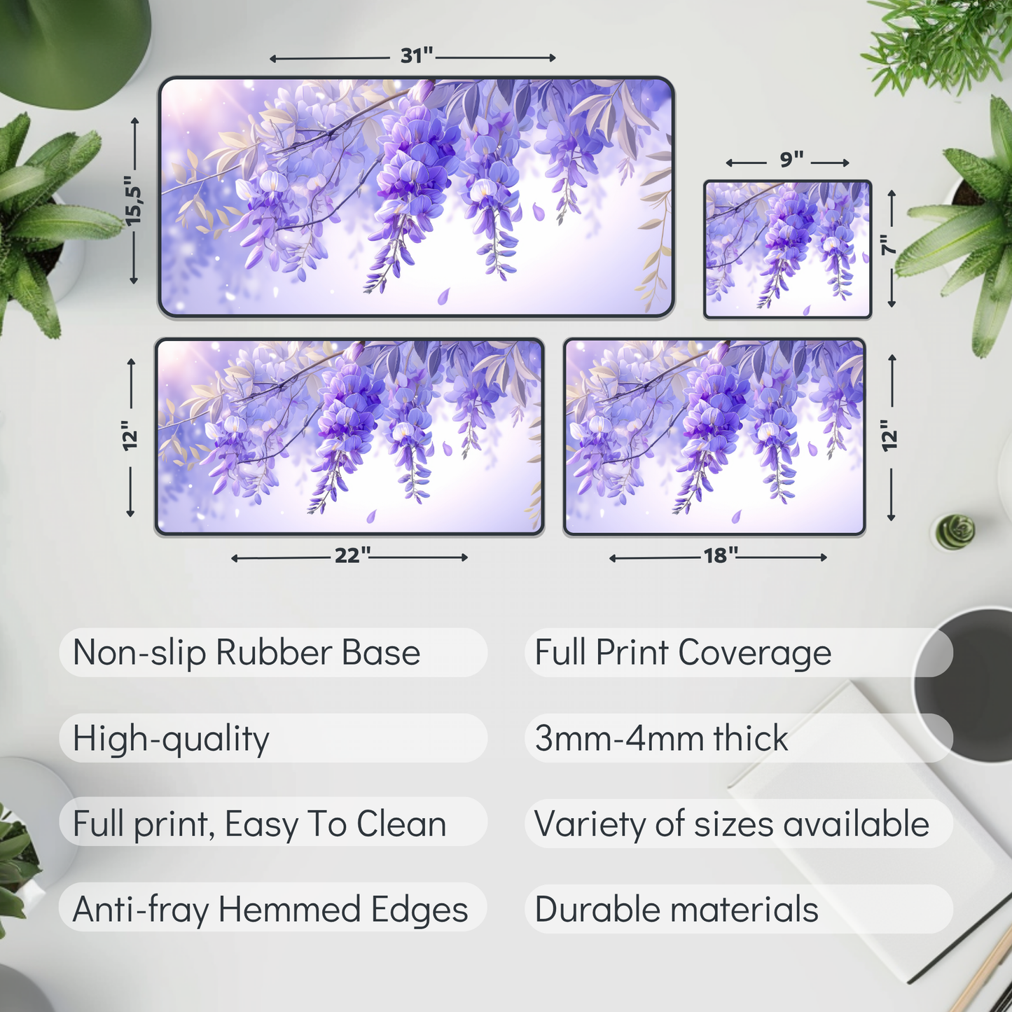 Wisteria Vines on Purple Desk Mat – XL Floral Gaming Mouse Pad