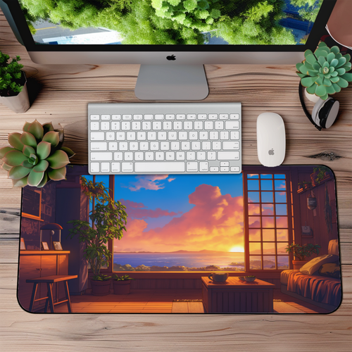 Sunset Cozy Ambiance Desk Mat – XL Anime Pixel Art Mouse Pad for Gaming & Work
