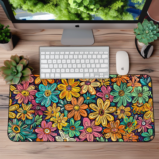 Funky Flowers Desk Mat – XL Retro Floral Mouse Pad for Gaming & Work