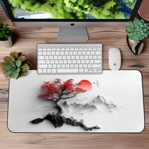 Japanese Red Tree Desk Mat – XL Maple Nature Mouse Pad for Gaming & Work