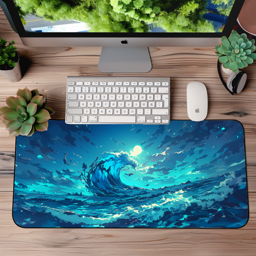 Moonlight Wave Desk Mat – XL Anime Mouse Pad with Serene Night Ocean Design