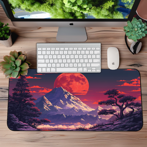 Red Moon Pixel Desk Mat – Retro Japanese Anime XL Gaming Mouse Pad