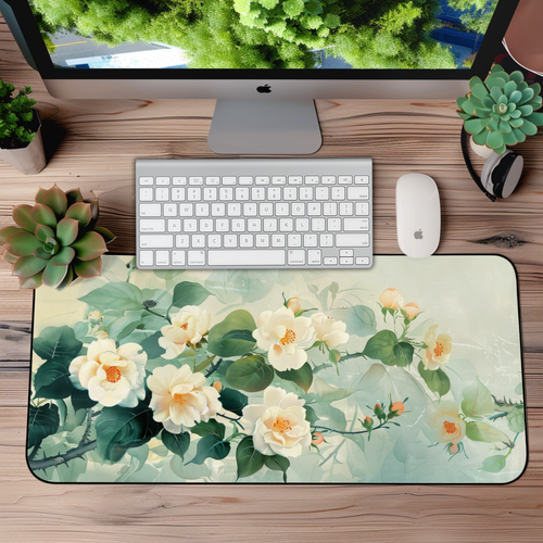 Elegant White Rose Desk Mat – XL Floral Mouse Pad for Gaming & Office Setups